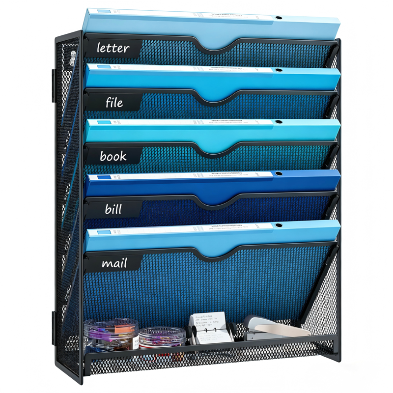 6-Tier Wall File Organizer with Hooks - Metal Hanging Magazine Holder for Office & Home