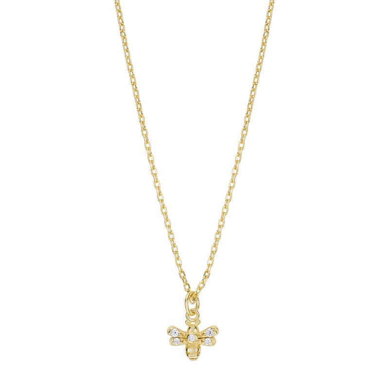 Gold Over Sterling Silver Bee Necklace with Cubic Zirconia - 16" Chain for Women & Teens