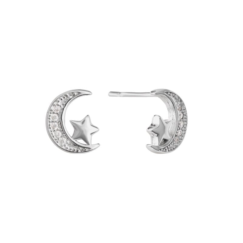 Celestial Moon & Star Stud Earrings in Sterling Silver with Cubic Zirconia