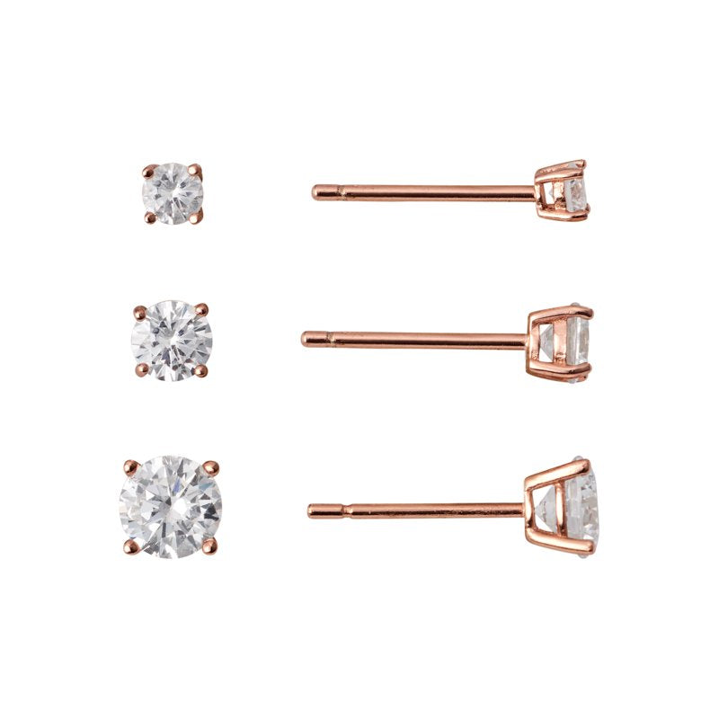 3-Piece Cubic Zirconia Stud Earrings Set in Rose Gold over Sterling Silver for Women & Teens