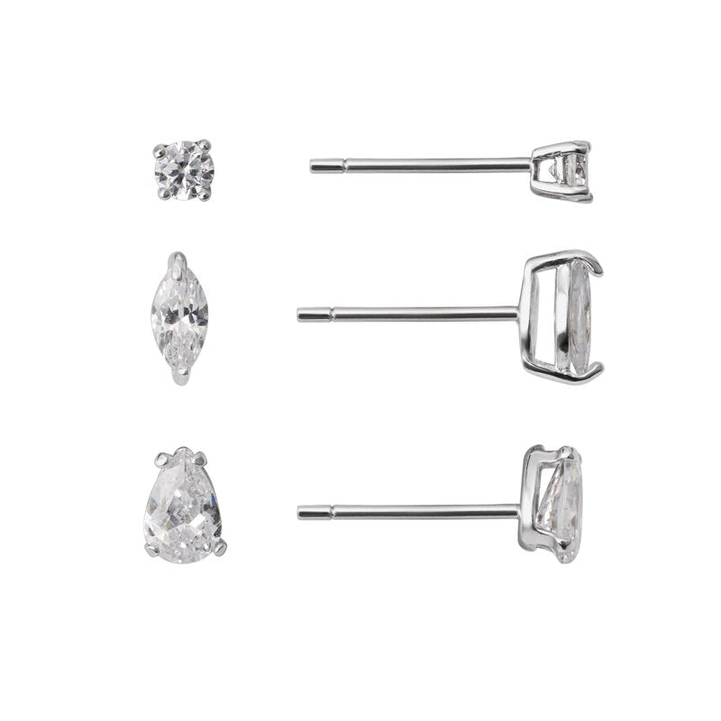 Sterling Silver Cubic Zirconia 3-Piece Stud Earring Set for Women & Teens