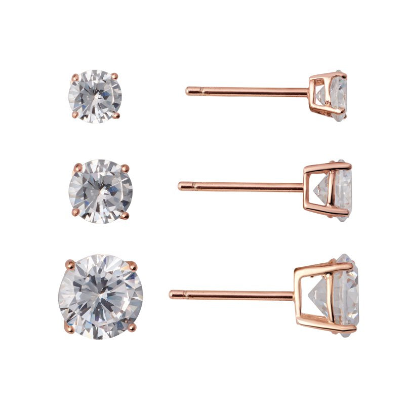 Sterling Silver Cubic Zirconia Stud Earrings Set in Rose Gold for Women & Teens