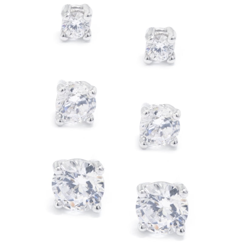 Sterling Silver Cubic Zirconia Stud Earrings Set - 3-Piece for Women & Teens