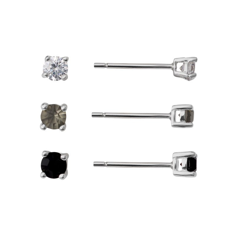 Sterling Silver 3-Pair Stud Earrings Set with Cubic Zirconia & Crystals for Women & Teens