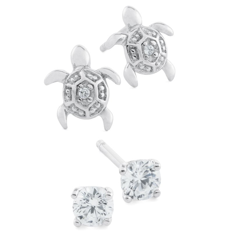 Sterling Silver Cubic Zirconia & Turtle Stud Earrings Set for Women & Teens