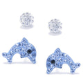 Sterling Silver 2-Piece Earrings Set with Crystal Ball and Dolphin Designs for Women & Teens