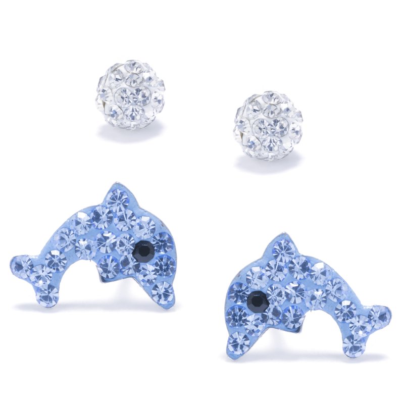 Sterling Silver 2-Piece Earrings Set with Crystal Ball and Dolphin Designs for Women & Teens