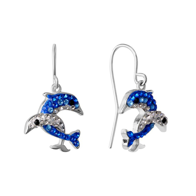 Sterling Silver Dolphin Drop Earrings with Blue Crystal Accents - Ocean-Inspired Jewelry for Women & Teens