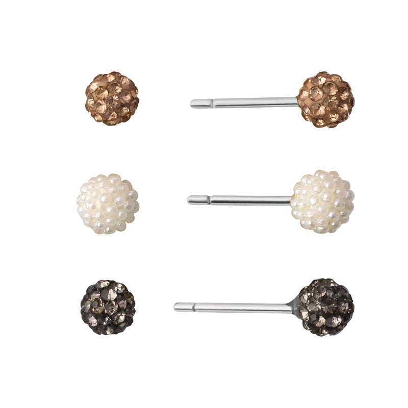 Sterling Silver 3-Piece Pave Crystal Stud Earrings Set for Women & Teens