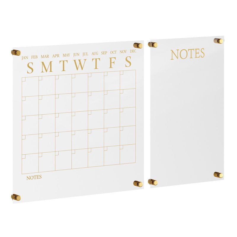 Acrylic Wall Calendar and Notes Board Set with Dry Erase Marker - Clear with Gold Print
