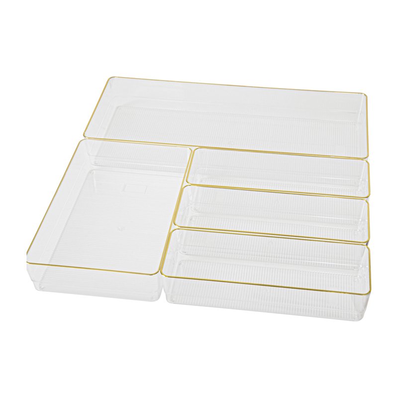 Stackable Drawer Organizers Set of 5 with Gold Trim - Clear Plastic, Various Sizes