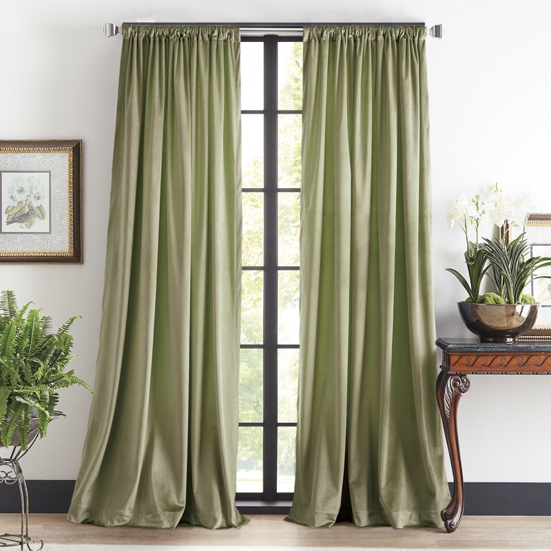 Velvet Curtain Panel Pair - Room Darkening, Green, Pole Top, Back Tab, 2 Piece Set