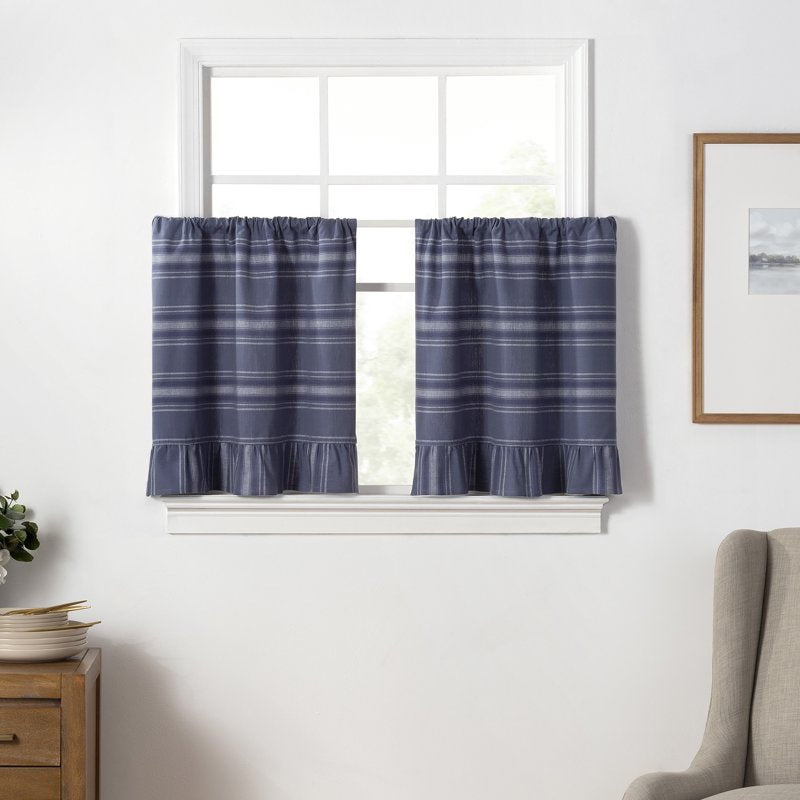 Indoor Light Filtering Tier Set - Ruffle Stripe 36 Inches Poseidon Blue