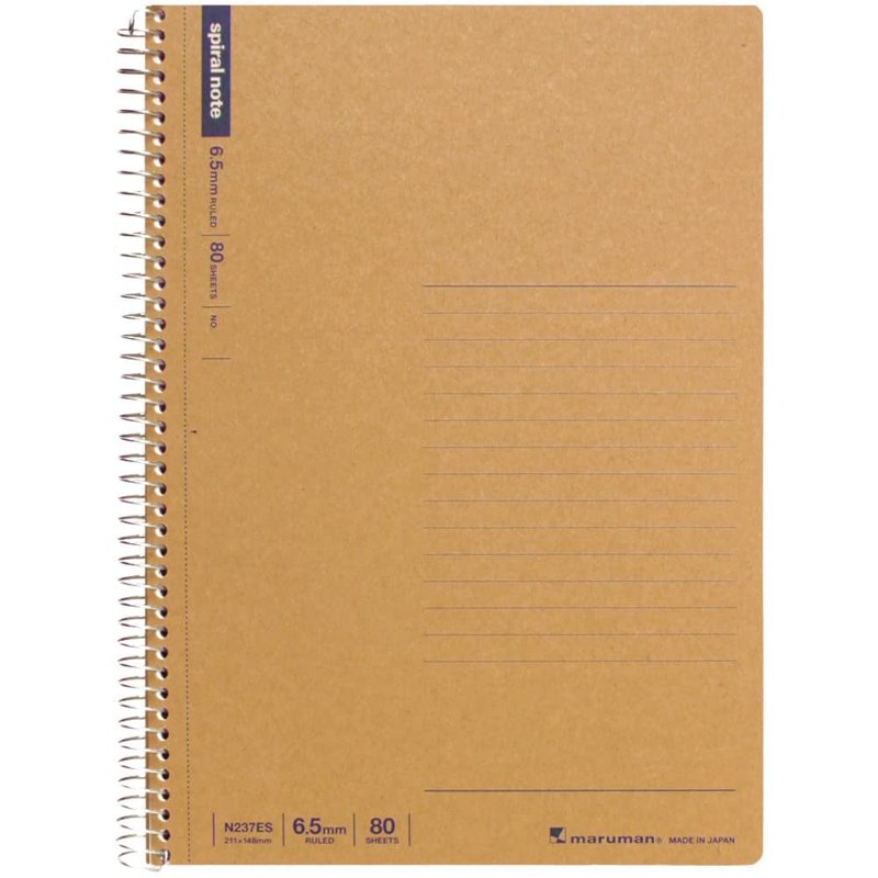 A5 Spiral Notebook with 6.5mm Horizontal Lines, 80 Sheets - Durable Kraft Cover