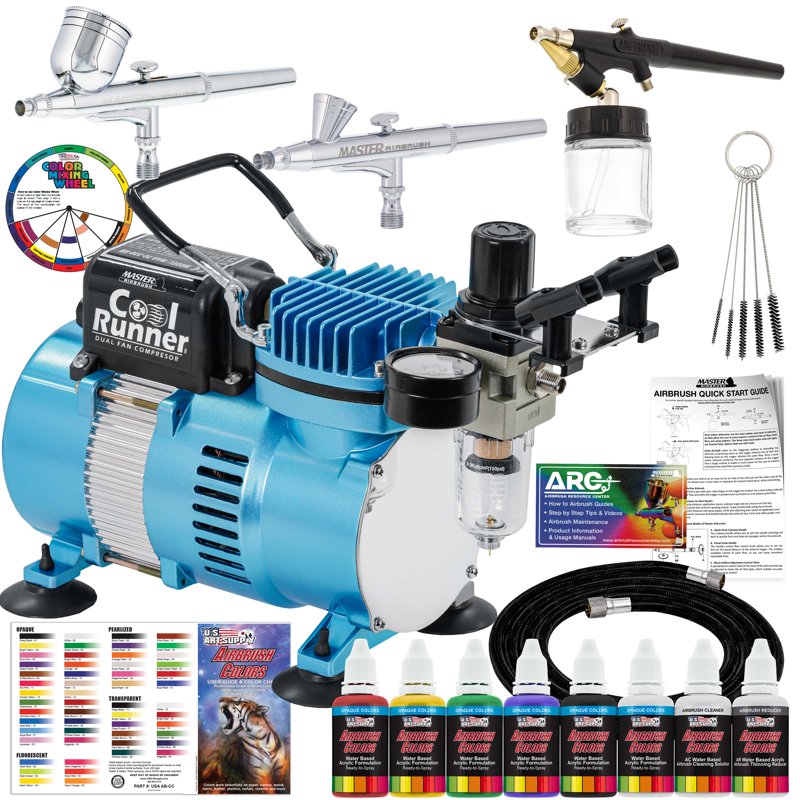Dual Fan Airbrush Compressor Kit with 3 Airbrushes and Acrylic Paint Set