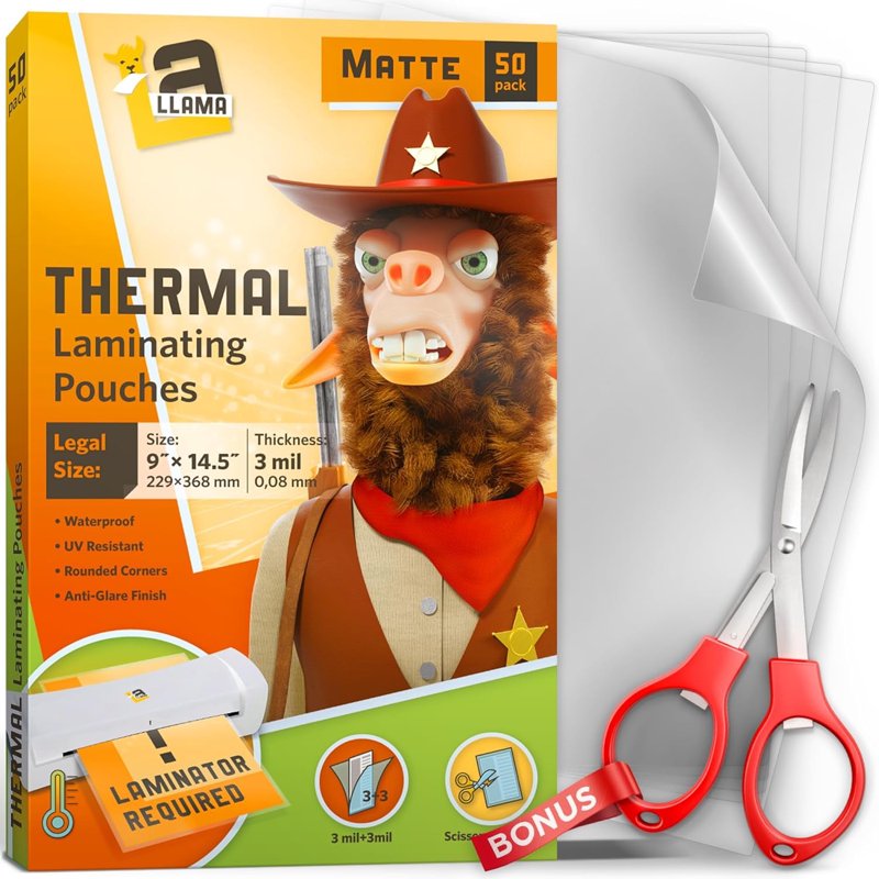Matte Laminating Sheets 9 x 14.5 Inches, 3 Mil Thick, 50 Pack for Office & School