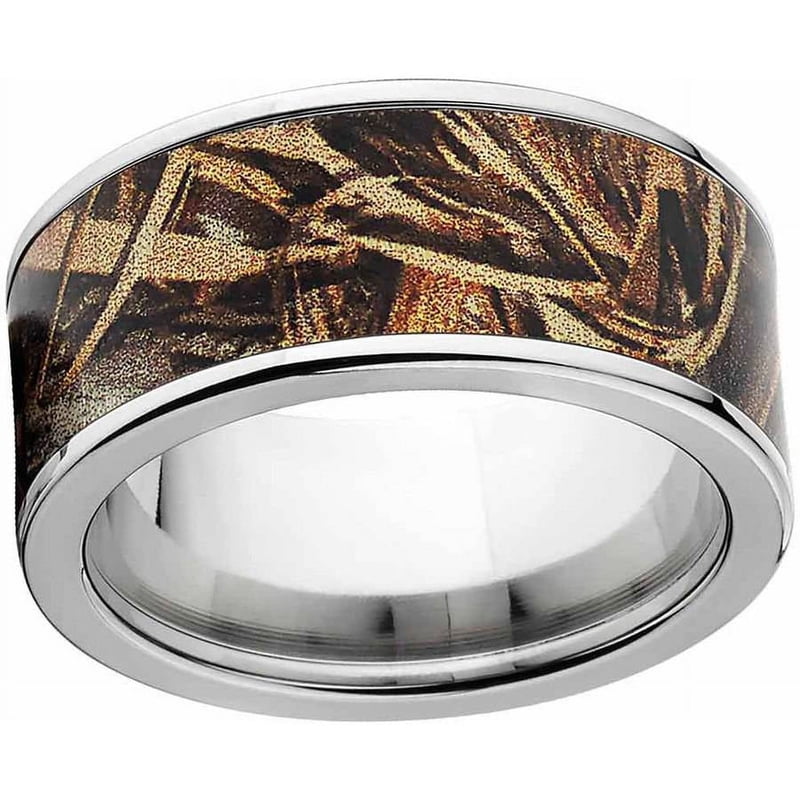 Men's Camouflage Stainless Steel Ring with Polished Edges and Comfort Fit