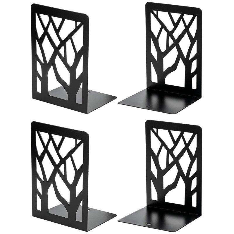 Heavy Duty Metal Book Ends Tree Design Set - Black, Modern Shelf Organizer