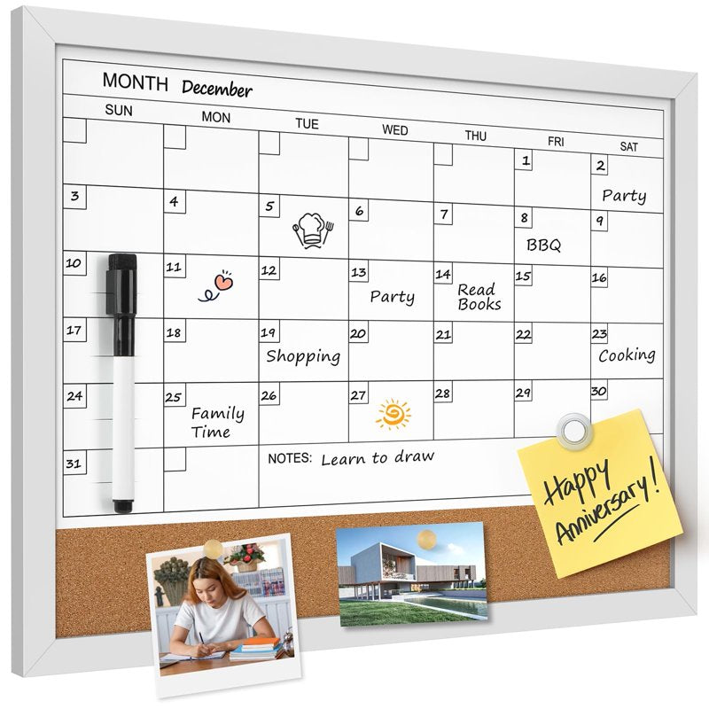 Magnetic Dry Erase Calendar & Corkboard Wall Board 17x13 in Gray Frame