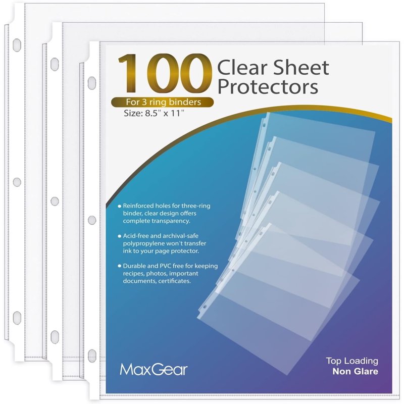 Non-Glare Sheet Protectors 8.5x11 Inch Clear for 3-Ring Binders, 100 Pack