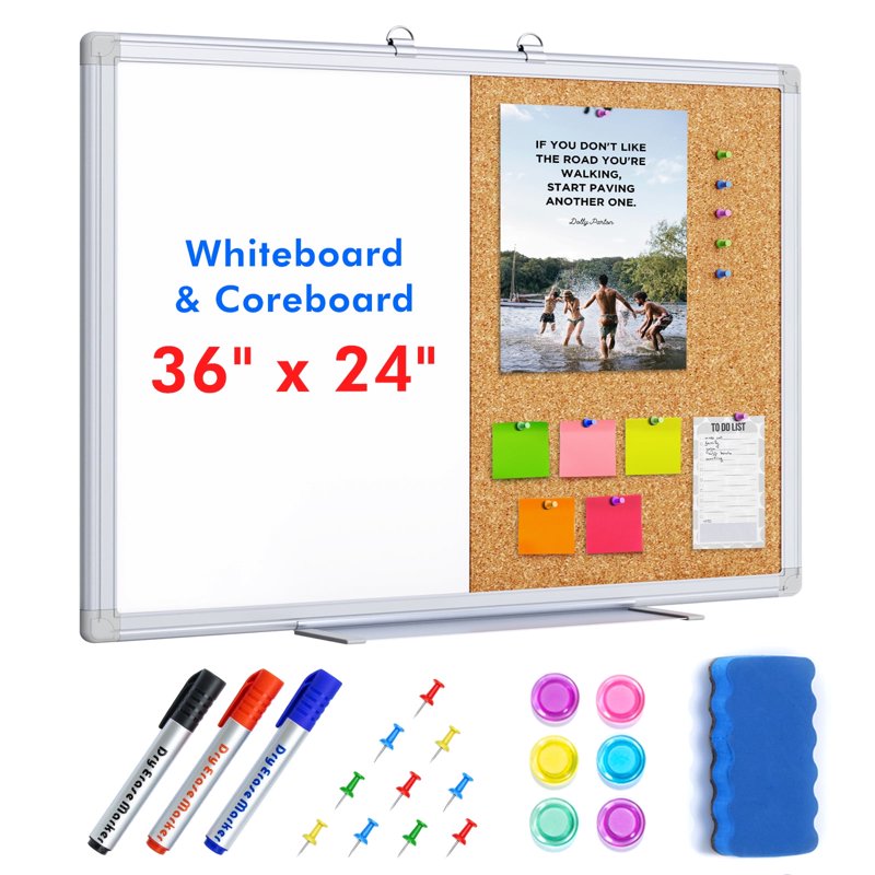 Magnetic Whiteboard and Cork Bulletin Board Combo 36x24 Inches - Wall Mountable Office & Home Organization