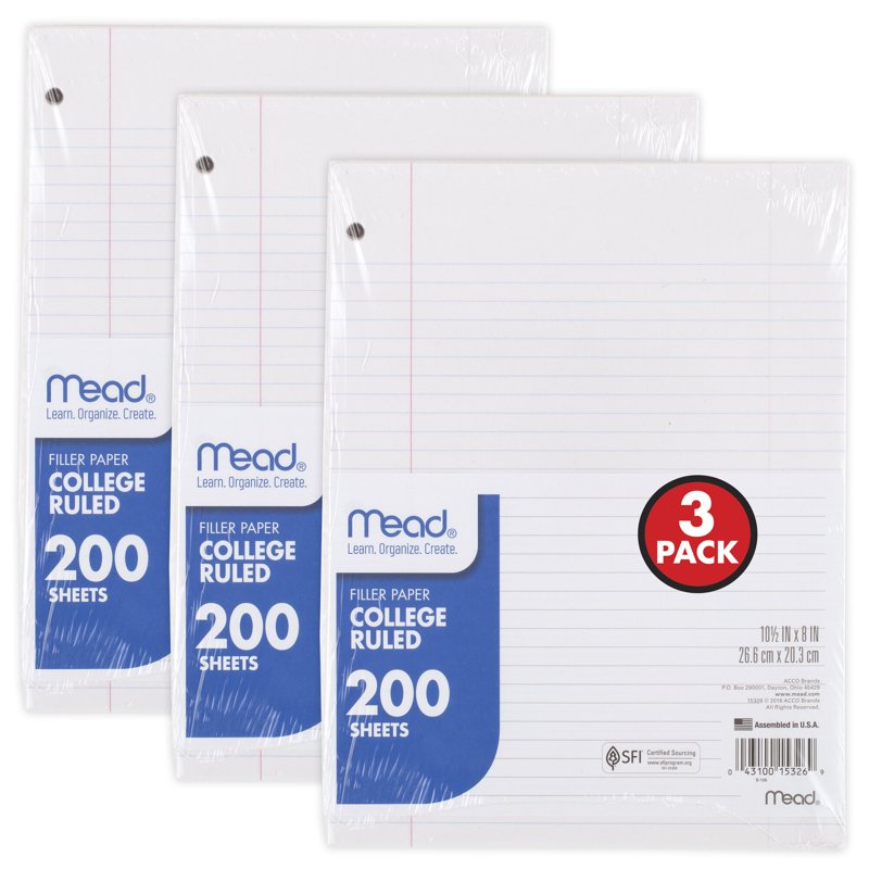 College Ruled Filler Paper 10.5 x 8 Inches, 3 Pack, 200 Sheets - Office Supplies
