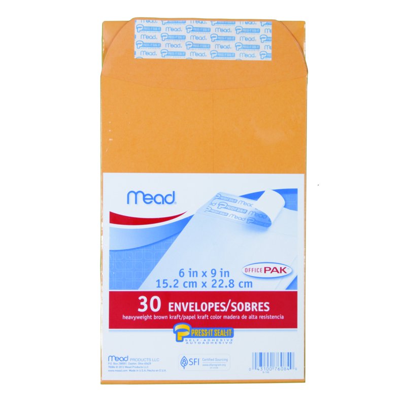 Self-Adhesive Kraft Envelope Set - 6x9 Inch Office Pack, Brown, 30 Count