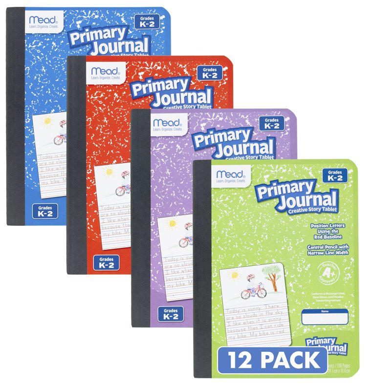 Primary Student Journal for Grades K-2 - Half Page Ruled, 100 Sheets, 12 Pack