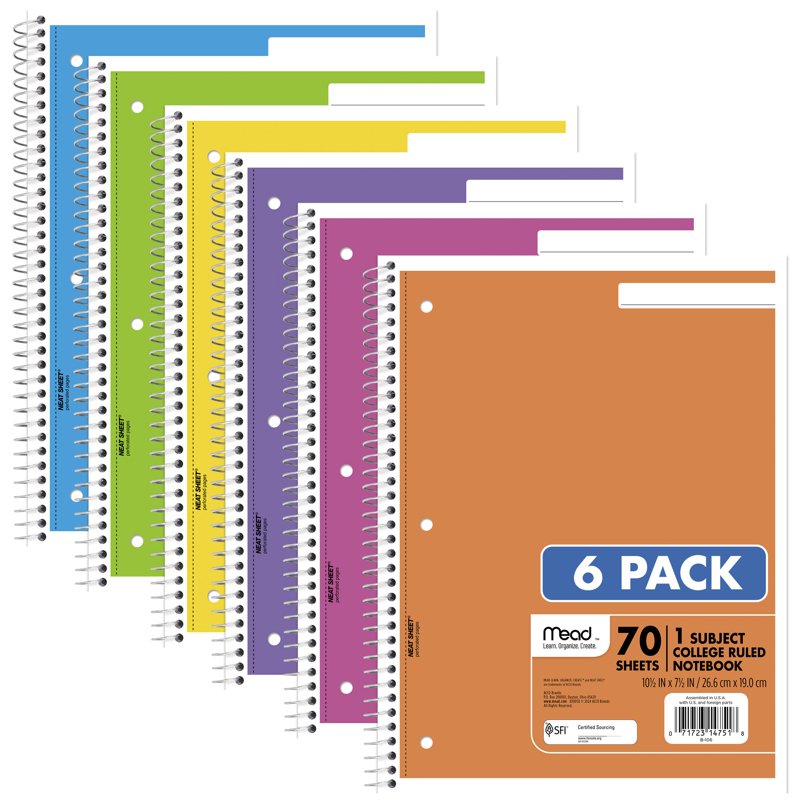 Spiral Notebook 1 Subject College Ruled 8 x 10.5 Inch 70 Sheets Pack of 6