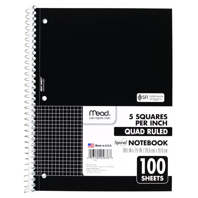 Spiral Notebook with Graph Ruling - 1 Subject, 100 Sheets, 10.5 x 7.5 inches, Black