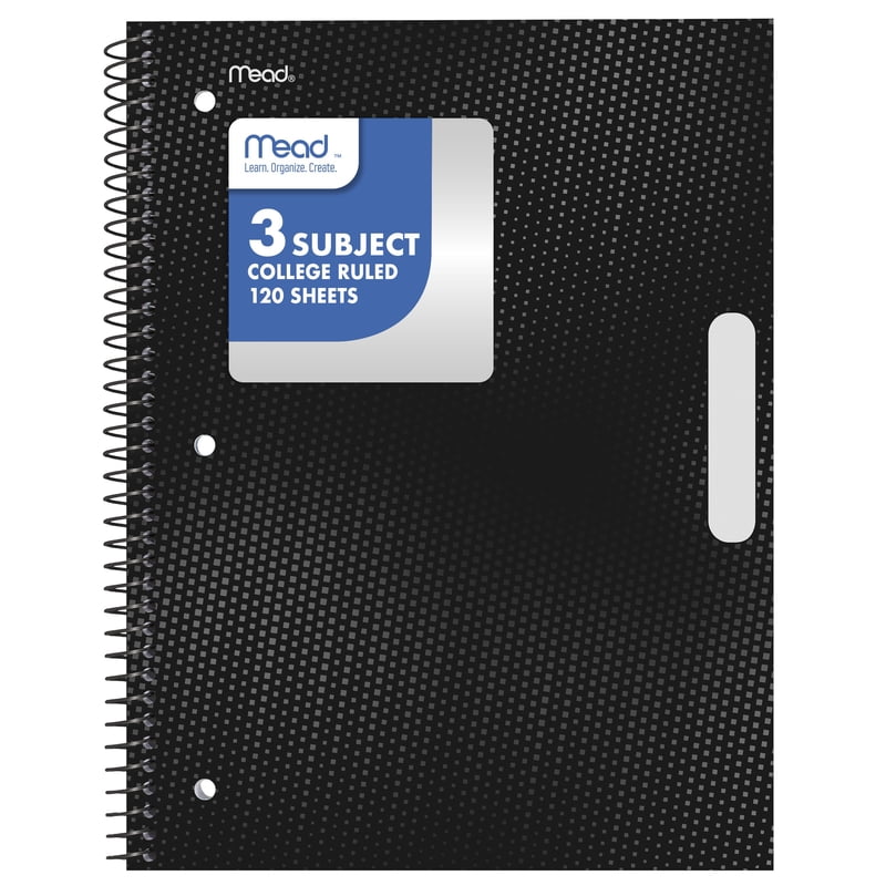 3 Subject Spiral Notebook - College Ruled, 8.5 x 11 Inches, Black Poly Cover