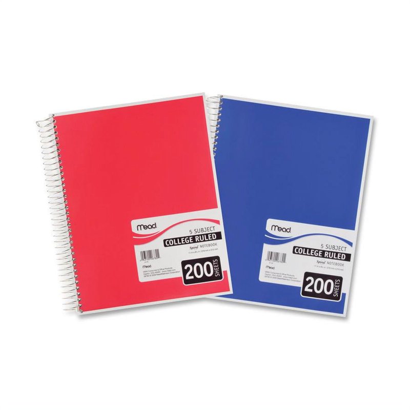 5 Subject Spiral Notebook - College Ruled, 200 Sheets, Assorted Colors