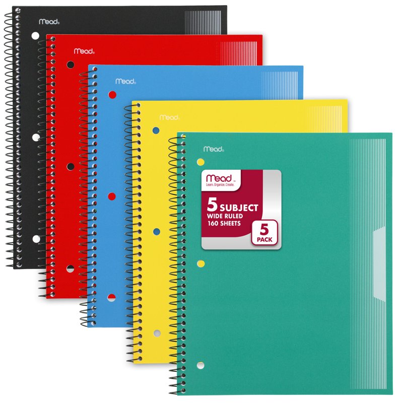 5-Subject Wide Ruled Spiral Notebook with Plastic Cover 8 x 10 - Pack of 12