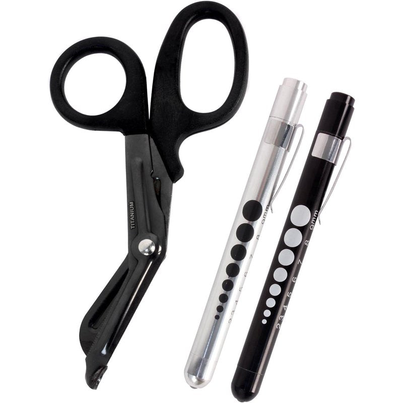 Titanium Bonded Shears 7.25 In. Bent Trauma Scissors with LED Pen Light (2-Pack) Black & Silver