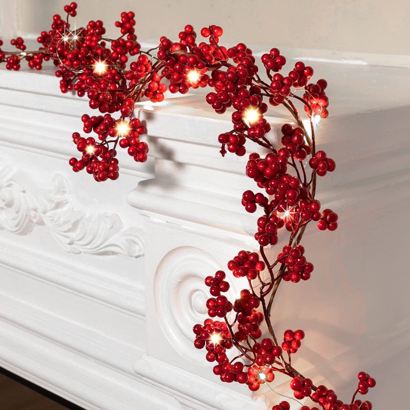 5.9ft Red Berry Christmas Garland with Lights Indoor Decor for Mantel Staircase Tree