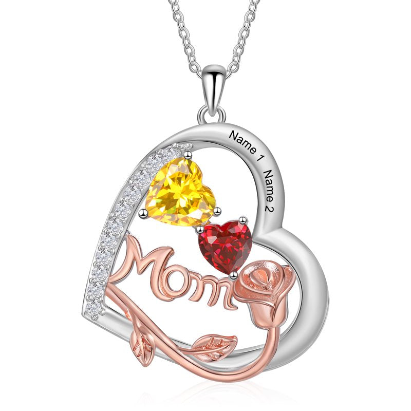 Personalized Heart Family Necklace with Birthstones for Women - Mother's Day Gift