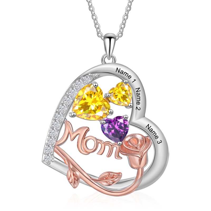 Personalized Brass Heart Necklace with Birthstones for Mom - Family Jewelry