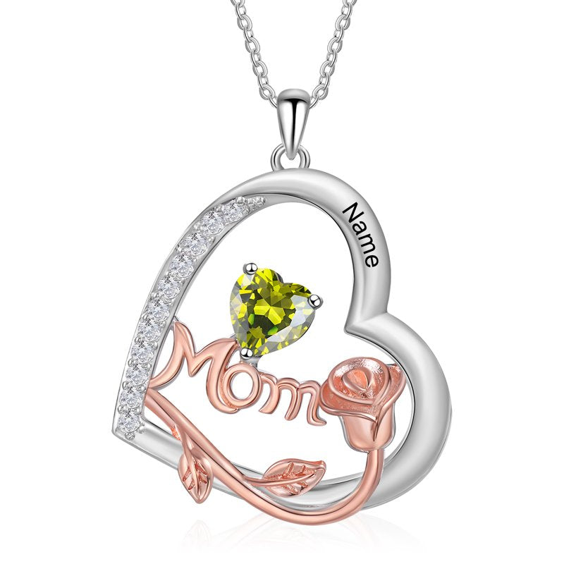 Personalized Heart Family Necklace with Birthstone for Women - Mom Gift
