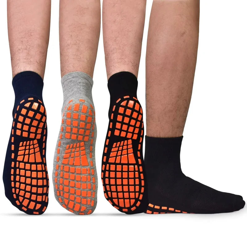 Men Non-Slip Grips Socks 3 Pairs - Anti-Skid Yoga Pilates Slipper Socks, 7-10/10-13/13-15, Black Gray Navy (02 Variation)