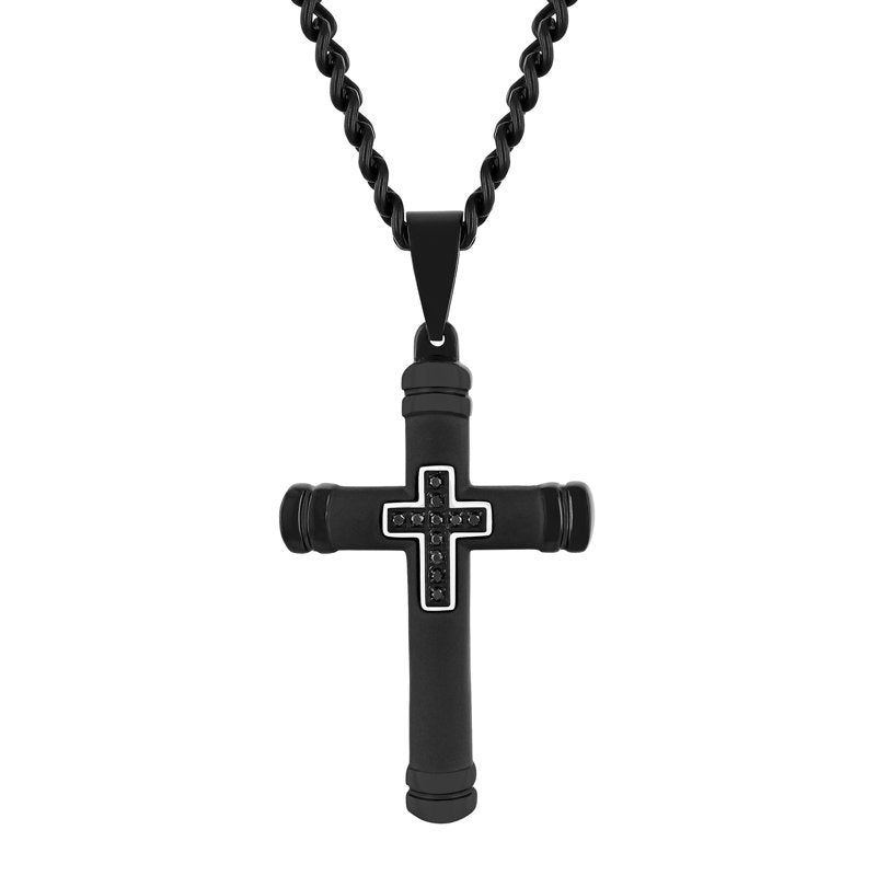Men's Black Diamond Accent Cross Pendant Necklace 24-Inch Stainless Steel