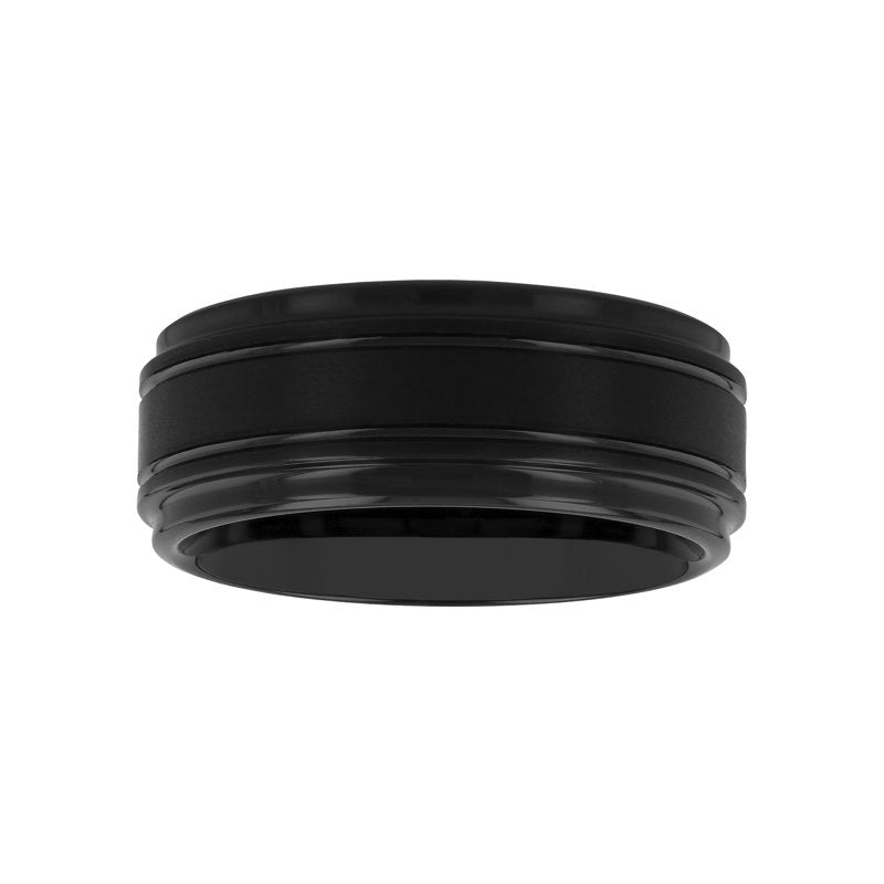 Men's Tungsten Wedding Band 9mm Grooved Step Edge Black Finish Durable Ring