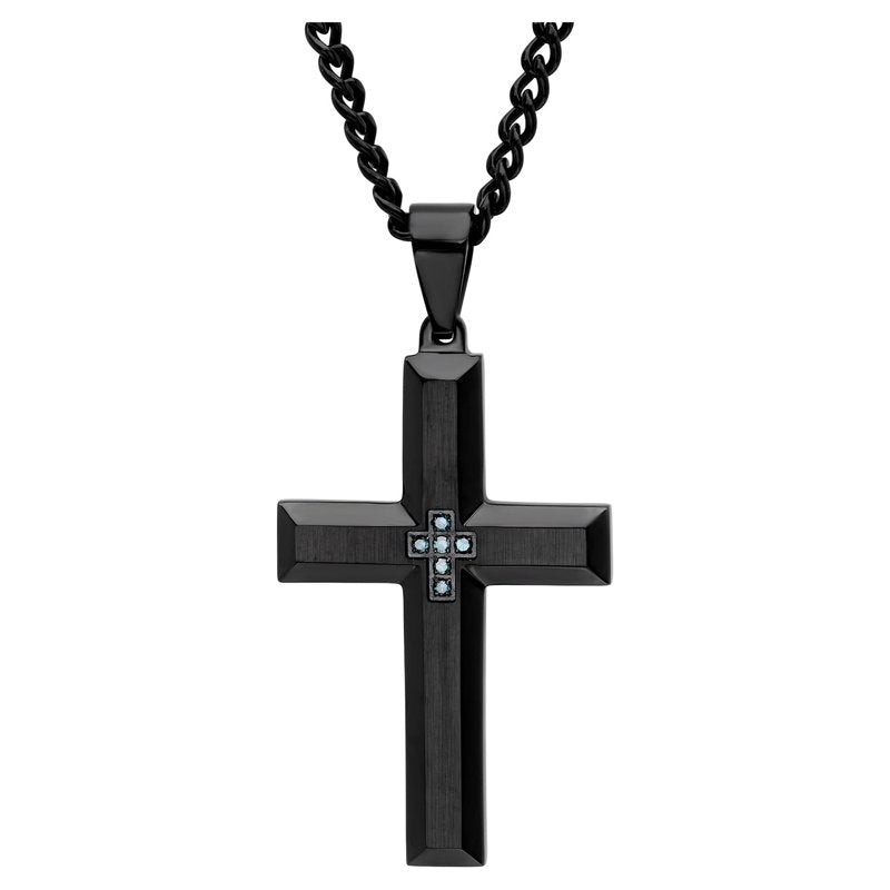 Men's Black Stainless Steel Cross Pendant Necklace with Blue Diamond Accents