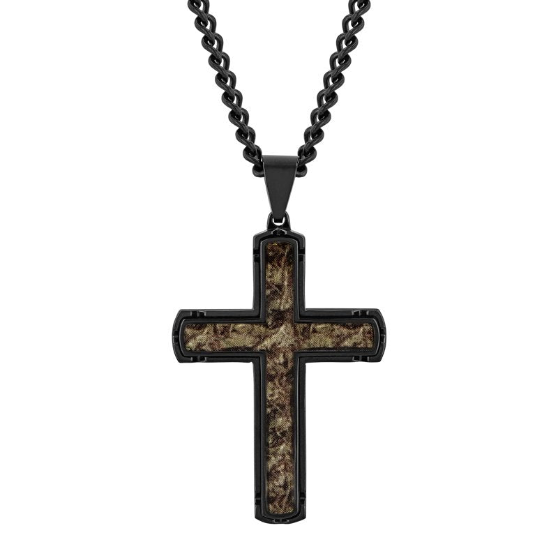 Men's Black Stainless Steel Camo Cross Pendant Necklace 24 Inch