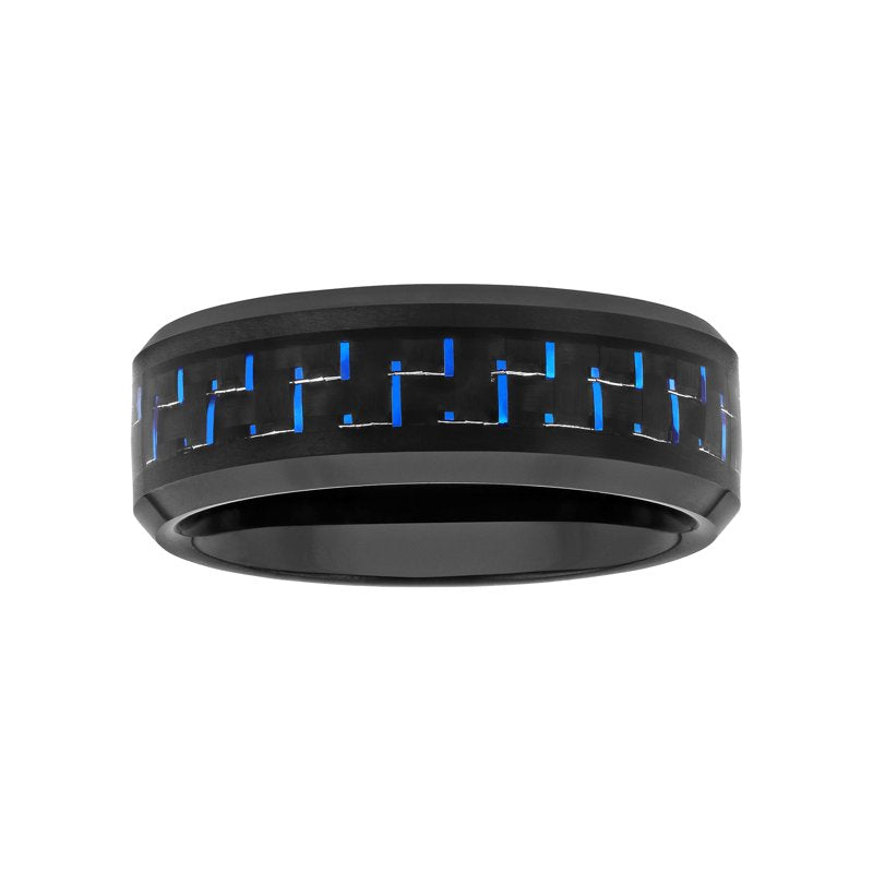 Men's Black and Blue Carbon Fiber Inlaid Tungsten Wedding Band - Durable Modern Men's Ring