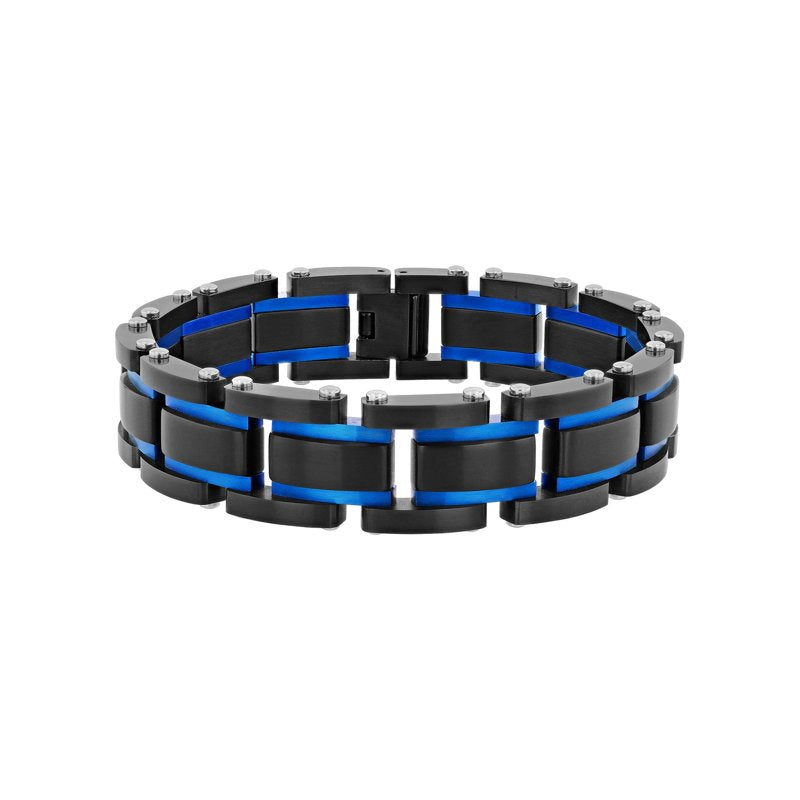 Men's Black and Blue Stainless Steel Link Bracelet - Durable Jewelry