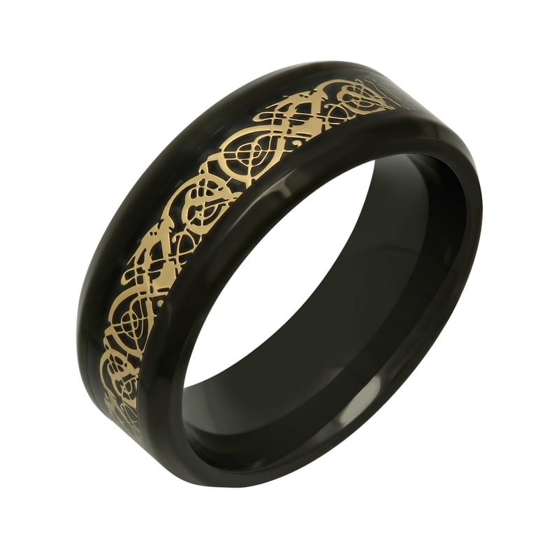 Men's Black and Yellow IP Stainless Steel Filigree Wedding Ring 8MM - Hypoallergenic