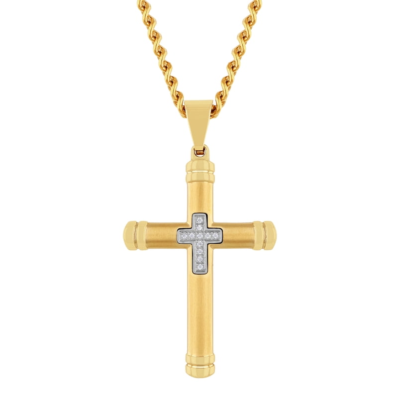 Men's Stainless Steel Cross Pendant Necklace with Diamond Accents - 24 Inch