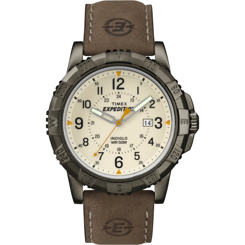Men's Rugged Field Watch with Leather Strap, Natural Dial, Indiglo, 50m Water-Resistant