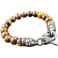Men's Genuine Tiger's Eye Bead Bracelet with Black CZ Lobster Clasp - Stainless Steel Jewelry