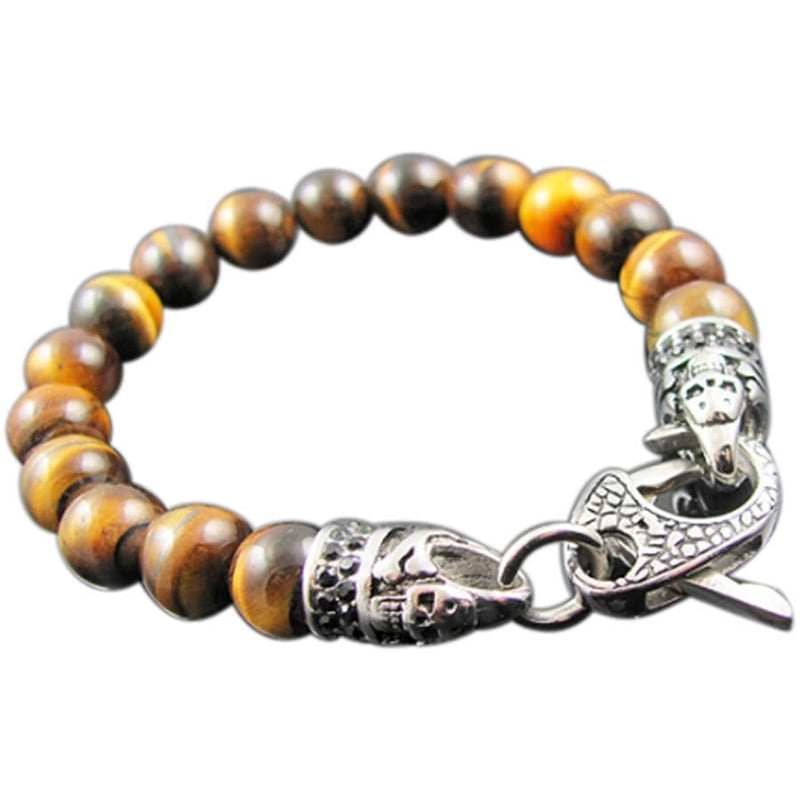 Men's Genuine Tiger's Eye Bead Bracelet with Black CZ Lobster Clasp - Stainless Steel Jewelry